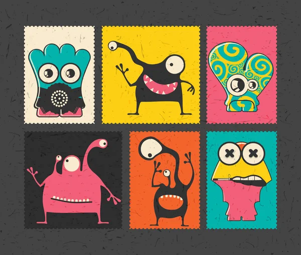 Set de seis sellos de franqueo retro con divertidos monstruos sobre fondo de diferentes colores . — Vector de stock