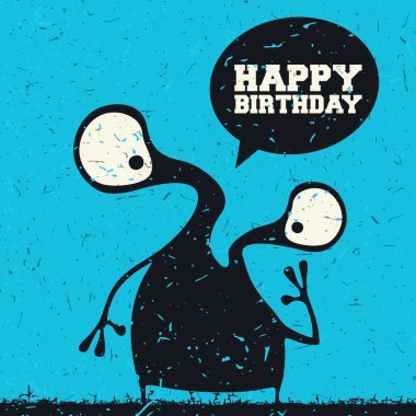 Sevimli canavar ile duygular ve sohbet kabarcık grunge mavi arka plan, metin mutlu doğum ile vektör çizim