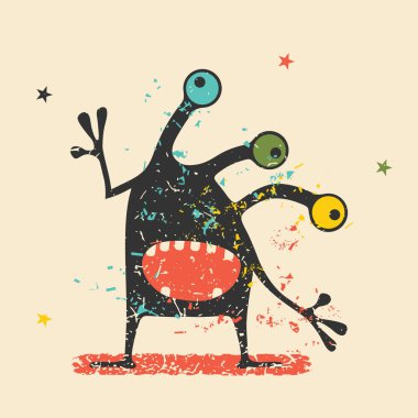 Retro grunge arka plan üzerinde duygularla sevimli siyah canavar. Karikatür Çizim. 