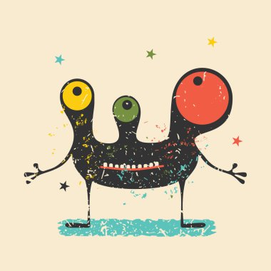 Retro grunge arka plan üzerinde duygularla sevimli siyah canavar. Karikatür Çizim. 