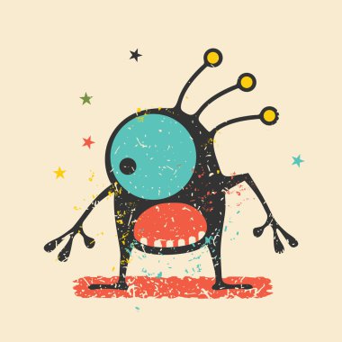 Retro grunge arka plan üzerinde duygularla sevimli siyah canavar. Karikatür Çizim. 