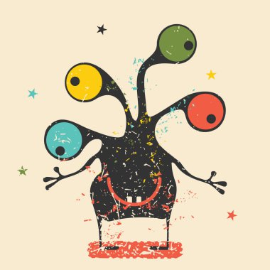 Retro grunge arka plan üzerinde duygularla sevimli siyah canavar. Karikatür Çizim. 