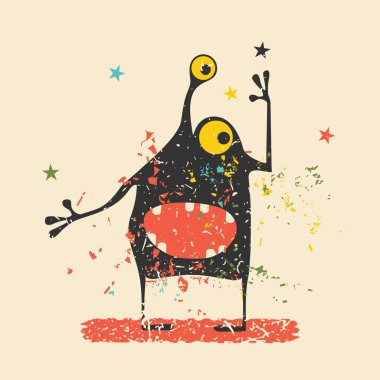 Retro grunge arka plan üzerinde duygularla sevimli siyah canavar. Karikatür Çizim. 