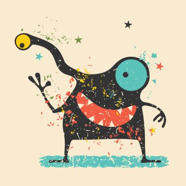 Retro grunge arka plan üzerinde duygularla sevimli siyah canavar. Karikatür Çizim. 