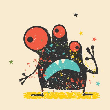 Retro grunge arka plan üzerinde duygularla sevimli siyah canavar. Karikatür Çizim. 