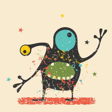 Retro grunge arka plan üzerinde duygularla sevimli siyah canavar. Karikatür Çizim. 