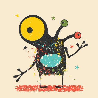 Retro grunge arka plan üzerinde duygularla sevimli siyah canavar. Karikatür Çizim. 