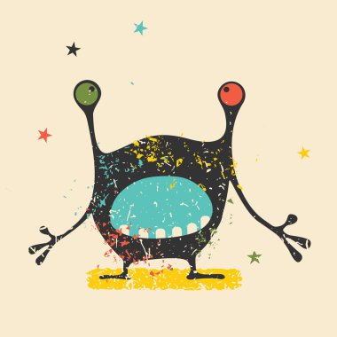 Retro grunge arka plan üzerinde duygularla sevimli siyah canavar. Karikatür Çizim. 