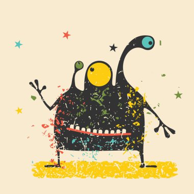 Retro grunge arka plan üzerinde duygularla sevimli siyah canavar. Karikatür Çizim. 