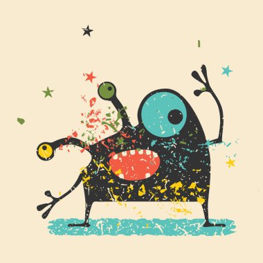 Retro grunge arka plan üzerinde duygularla sevimli siyah canavar. Karikatür Çizim. 