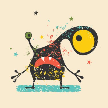 Retro grunge arka plan üzerinde duygularla sevimli siyah canavar. Karikatür Çizim. 