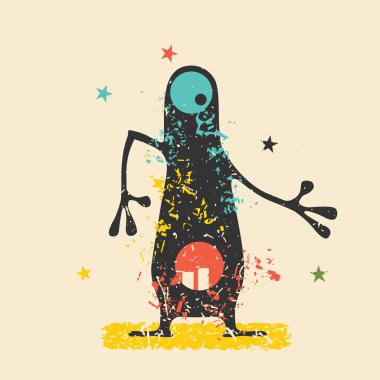 Retro grunge arka plan üzerinde duygularla sevimli siyah canavar. Karikatür Çizim. 