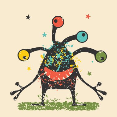 Retro grunge arka plan üzerinde duygularla sevimli siyah canavar. Karikatür Çizim. 