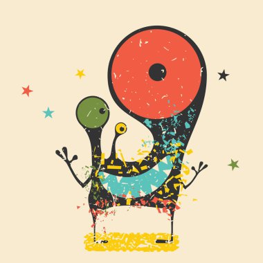 Retro grunge arka plan üzerinde duygularla sevimli siyah canavar. Karikatür Çizim. 