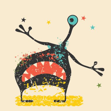 Retro grunge arka plan üzerinde duygularla sevimli siyah canavar. Karikatür Çizim. 