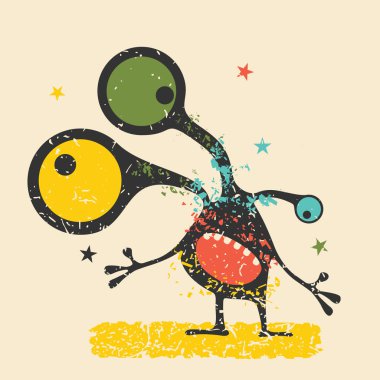 Retro grunge arka plan üzerinde duygularla sevimli siyah canavar. Karikatür Çizim. 