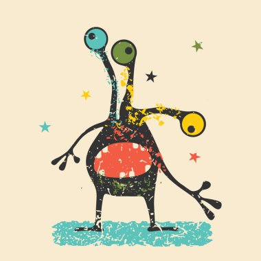 Retro grunge arka plan üzerinde duygularla sevimli siyah canavar. Karikatür Çizim. 