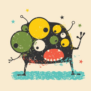 Retro grunge arka plan üzerinde duygularla sevimli siyah canavar. Karikatür Çizim. 