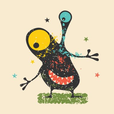 Retro grunge arka plan üzerinde duygularla sevimli siyah canavar. Karikatür Çizim. 