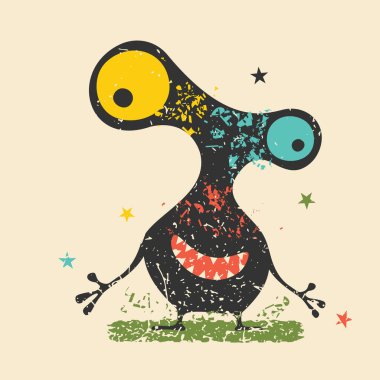 Retro grunge arka plan üzerinde duygularla sevimli siyah canavar. Karikatür Çizim. 