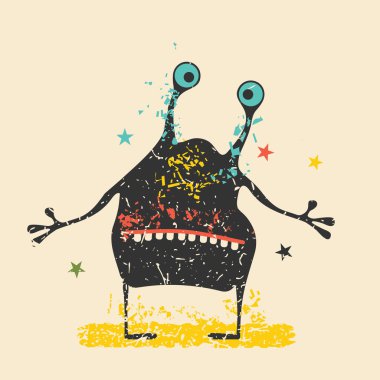 Retro grunge arka plan üzerinde duygularla sevimli siyah canavar. Karikatür Çizim. 