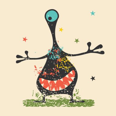 Retro grunge arka plan üzerinde duygularla sevimli siyah canavar. Karikatür Çizim. 