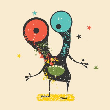 Retro grunge arka plan üzerinde duygularla sevimli siyah canavar. Karikatür Çizim. 