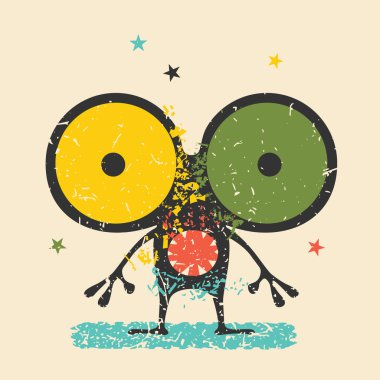 Retro grunge arka plan üzerinde duygularla sevimli siyah canavar. Karikatür Çizim. 