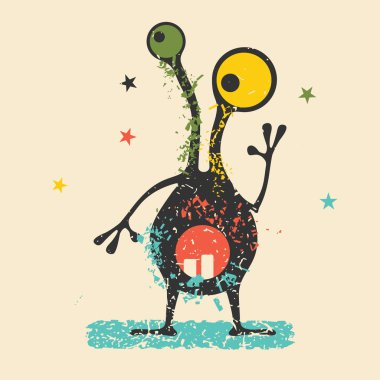 Retro grunge arka plan üzerinde duygularla sevimli siyah canavar. Karikatür Çizim. 