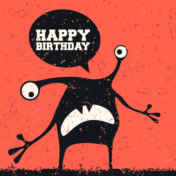 Cute monster with emotions and chat bubble with text Happy birthday on grunge red background, vector illustration — Stock Vector