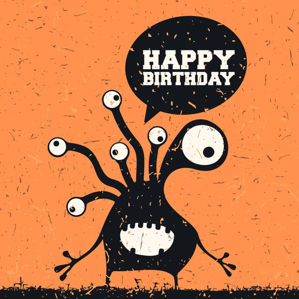 Niedliches Monster mit Emotionen und Chat-Blase mit Text Happy Birthday auf grunge orange Hintergrund, Vektor-Illustration — Stockvektor
