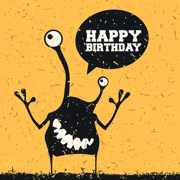 Cute monster with emotions and chat bubble with text Happy birthday on grunge yellow background, vector illustration — Stock Vector