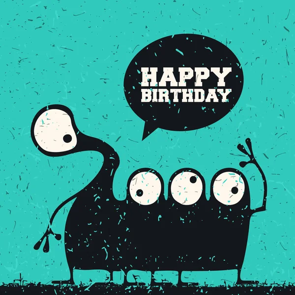 Niedliches Monster mit Emotionen und Chat-Blase mit Text alles Gute zum Geburtstag auf Grunge-Aqua-Blue-Hintergrund, Vektorillustration — Stockvektor