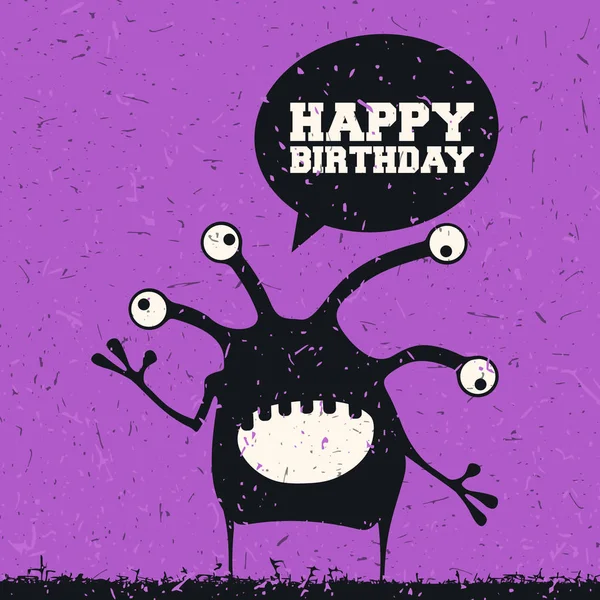 Niedliches Monster mit Emotionen und Chat-Blase mit Text zum Geburtstag auf lila Grunge-Hintergrund, Vektorillustration — Stockvektor