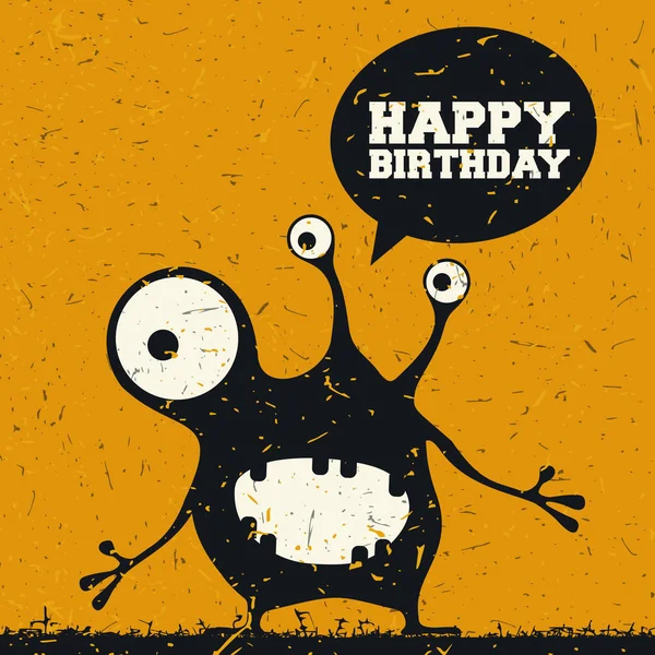 Cute monster with emotions and chat bubble with text Happy birthday on grunge orange background, vector illustration — Stock Vector