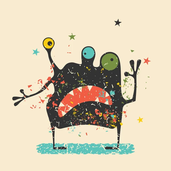 Monstro preto bonito com emoções no fundo grunge retro. Desenhos animados ilustração . —  Vetores de Stock