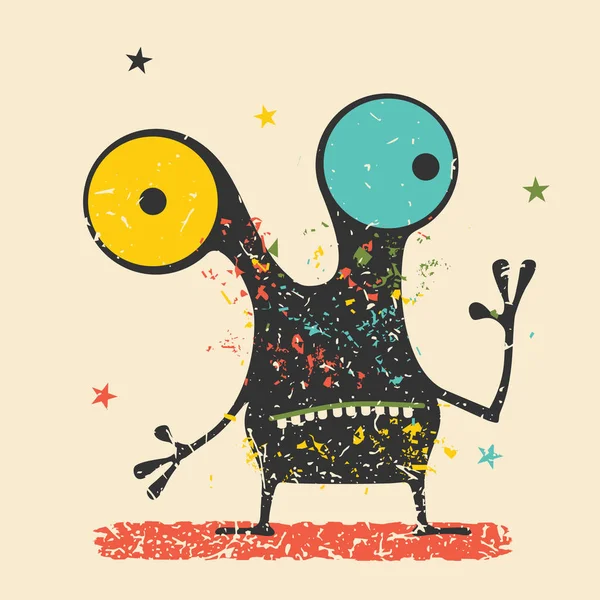 Monstruo negro lindo con emociones sobre fondo grunge retro. Dibujos animados ilustración . — Vector de stock