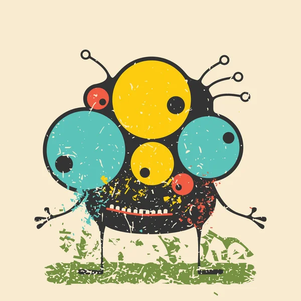 Schattig zwarte monster met emoties op retro grunge achtergrond. Cartoon afbeelding. — Stockvector