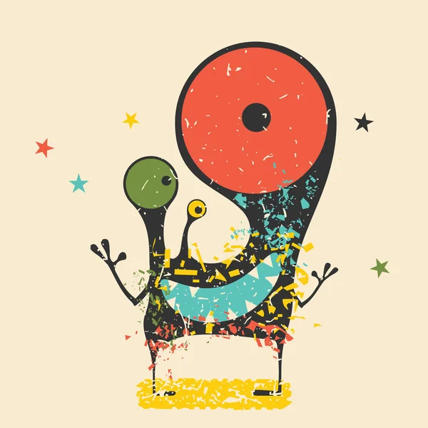 Schattig zwarte monster met emoties op retro grunge achtergrond. Cartoon afbeelding. — Stockvector