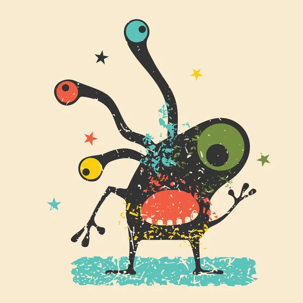 Monstruo negro lindo con emociones sobre fondo grunge retro. Dibujos animados ilustración . — Vector de stock