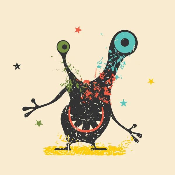 Schattig zwarte monster met emoties op retro grunge achtergrond. Cartoon afbeelding. — Stockvector