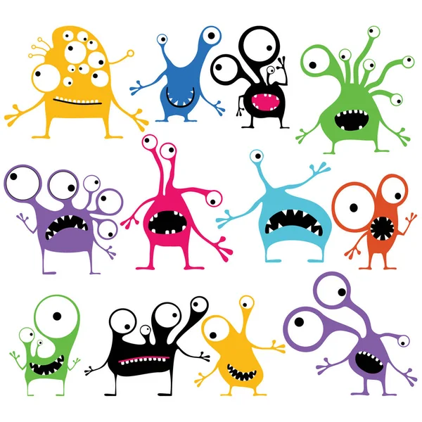 Set van twaalf kleur schattige monsters met emoties, geïsoleerd op wit. — Stockvector