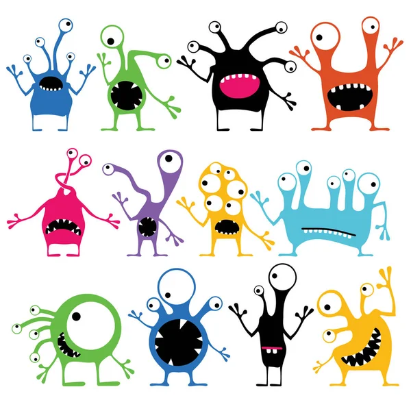 Set of twelve color cute monsters with emotions, isolated on white. — Stock Vector