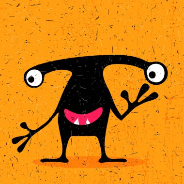 Grunge turuncu zemin üzerine duygularla sevimli siyah canavar. 