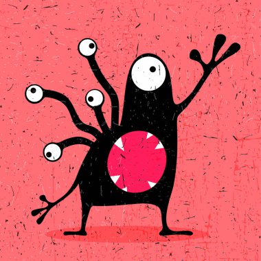 Grunge pembe arka plan üzerinde duygularla sevimli siyah canavar. 