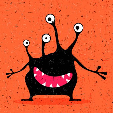 Grunge turuncu zemin üzerine duygularla sevimli siyah canavar. 