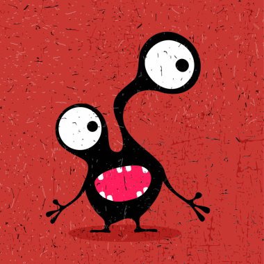 Grunge kırmızı zemin üzerine duygularla sevimli siyah canavar. 