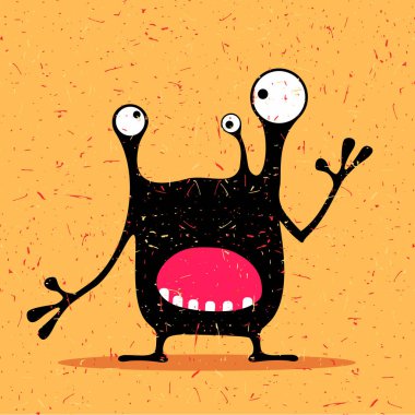 Grunge Sarı zemin üzerine duygularla sevimli siyah canavar. 