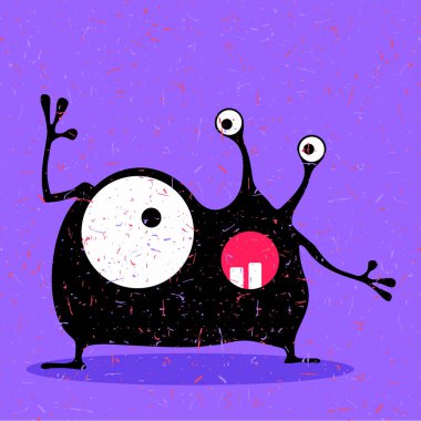 Grunge mor zemin üzerine duygularla sevimli siyah canavar. 