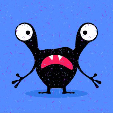 Grunge mavi zemin üzerine duygularla sevimli siyah canavar. 